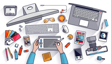 Düz dizaynlı bir tasarımcının çalışma yeri