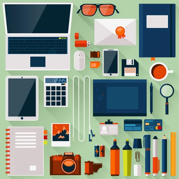 Επίπεδη γραφείο εργασιακό περιβάλλον, εργαλεία και προϊόντα πρώτης ανάγκης — Διανυσματικό Αρχείο