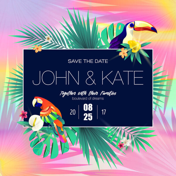 invitation card design with exotic tropical leaves