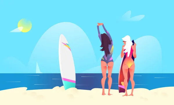 Filles sexy avec planche de surf — Image vectorielle