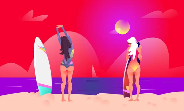 Filles sexy avec planche de surf — Image vectorielle
