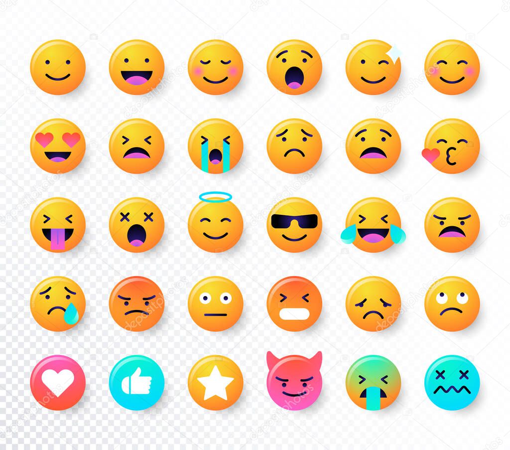 Emoticons set. Emoji faces emoticon smile, digital smiley expression emotion feelings, chat messenger cartoon emotes. Vector illustration icons