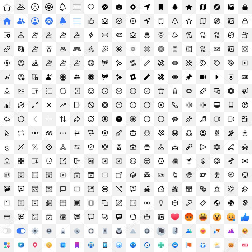 Web social media interface application icons, modern design icons, buttons, signs, symbols for web and mobile apps, social media network, blogging icons. Vector illustration
