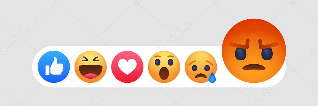 High quality vector round yellow cartoon bubble emoticons social media chat comment reactions, icons template face tear, smile and sad, love and like, laughter emoji character message.
