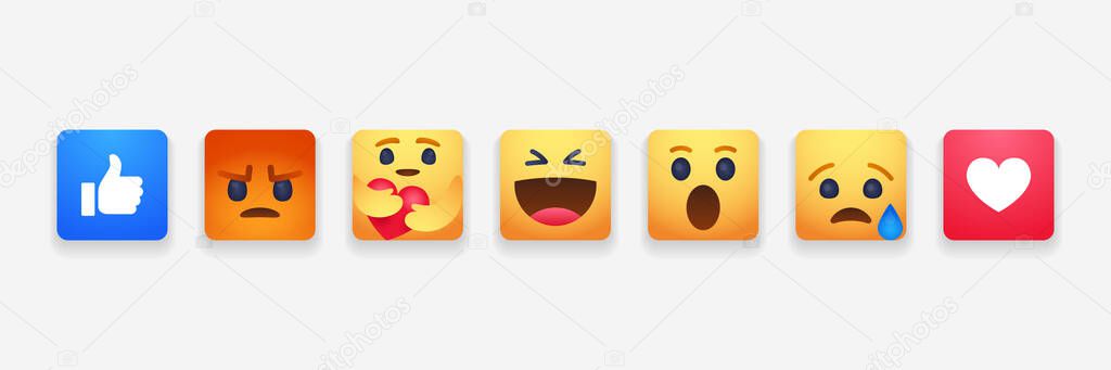 High quality vector round yellow cartoon bubble emoticons social media chat comment reactions, icons template face tear, smile and sad, love and like, laughter emoji character message.