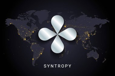 syntropy crypto para birimi dijital ödeme sistemi engelleme konsepti. Dünya gece lambalarında izole edilmiş kripto para birimi dünya haritası arka planı. Vektör illüstrasyonu