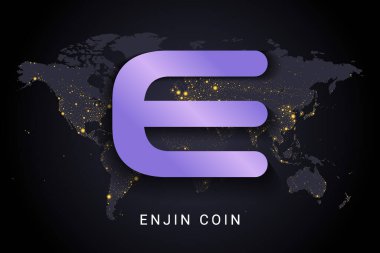 enjin coin kripto dijital ödeme sistemi engelleme konsepti. Dünya gece lambalarında izole edilmiş kripto para birimi dünya haritası arka planı. Vektör illüstrasyonu