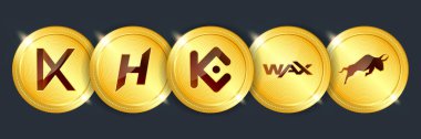Kava.io, hedgetrade, kucoin, wax, polymath crypto para birimi dijital ödeme sistemi engelleme konsepti. Kara arka planda izole edilmiş kripto altın sikke. Vektör illüstrasyonu