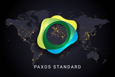 Paxos standart kripto para birimi dijital ödeme sistemi engelleme konsepti. Dünya gece lambalarında izole edilmiş kripto para birimi dünya haritası arka planı. Vektör illüstrasyonu