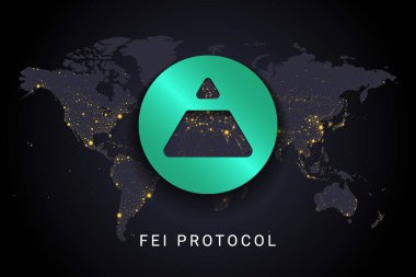 Fei protokol şifreleme dijital ödeme sistemi engelleme konsepti. Dünya gece lambalarında izole edilmiş kripto para birimi dünya haritası arka planı. Vektör illüstrasyonu