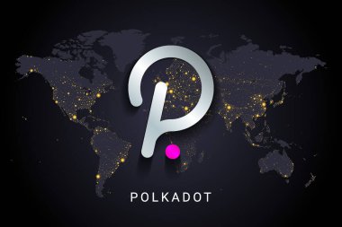 Polkadot kripto para birimi dijital ödeme sistemi engelleme konsepti. Dünya gece lambalarında izole edilmiş kripto para birimi dünya haritası arka planı. Vektör illüstrasyonu