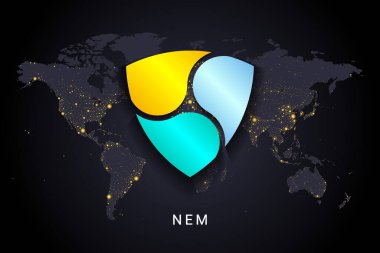 Nem crypto para birimi dijital ödeme sistemi engelleme konsepti. Dünya gece lambalarında izole edilmiş kripto para birimi dünya haritası arka planı. Vektör illüstrasyonu