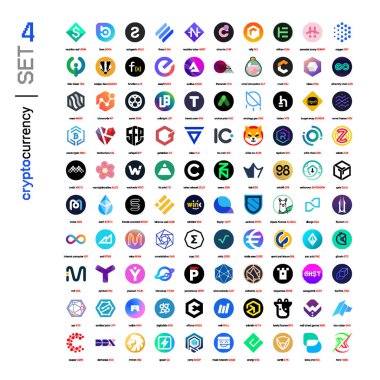 Şifreli para sikkeleri dijital ödeme sistemi engelleme konsepti. Kripto para birimi logosu koleksiyon vektör çizimi