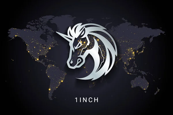 Bir inç kripto para birimi dijital ödeme sistemi engelleme konsepti. Dünya gece lambalarında izole edilmiş kripto para birimi dünya haritası arka planı. Vektör illüstrasyonu