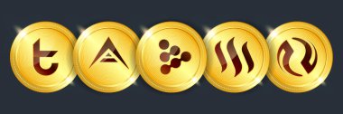 Tomochain, ark, iexec, steem, enjektif protokol şifreleme dijital ödeme sistemi engelleme sistemi konsepti. Kara arka planda izole edilmiş kripto altın sikke. Vektör illüstrasyonu