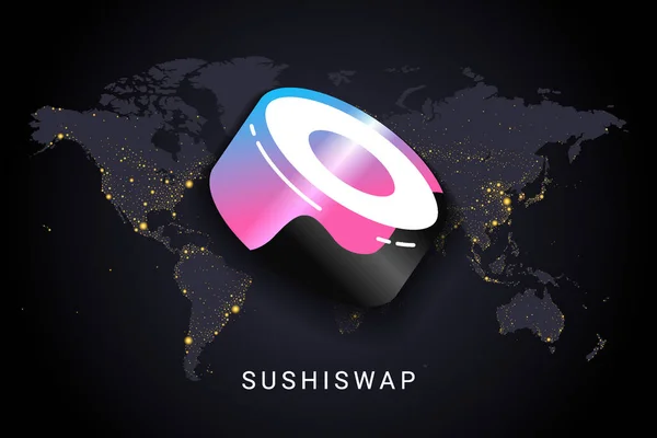 Sushiswap kripto para birimi dijital ödeme sistemi engelleme konsepti. Dünya gece lambalarında izole edilmiş kripto para birimi dünya haritası arka planı. Vektör illüstrasyonu