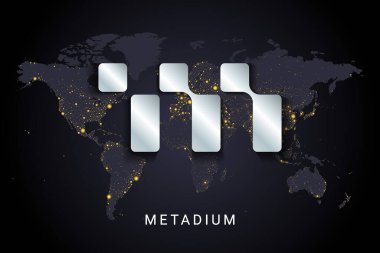 Metadyum kripto para birimi dijital ödeme sistemi engelleme konsepti. Dünya gece lambalarında izole edilmiş kripto para birimi dünya haritası arka planı. Vektör illüstrasyonu