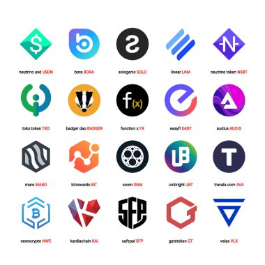 Şifreli para sikkeleri dijital ödeme sistemi engelleme konsepti. Kripto para birimi logosu koleksiyonu beyaz arka planda izole edildi. Vektör illüstrasyonu