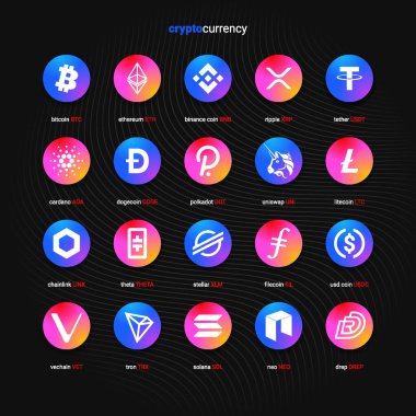 Şifreli para sikkeleri dijital ödeme sistemi engelleme konsepti. Kripto para birimi logosu koleksiyonu beyaz arka planda izole edildi. Vektör illüstrasyonu