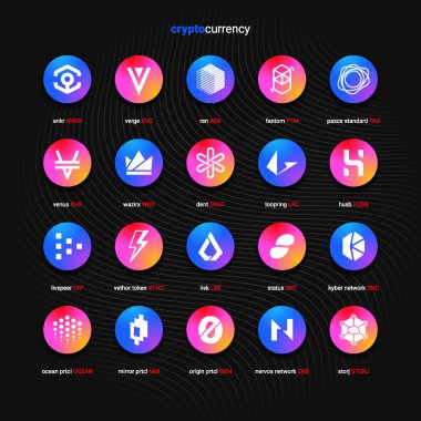 Şifreli para sikkeleri dijital ödeme sistemi engelleme konsepti. Kripto para birimi logosu koleksiyonu beyaz arka planda izole edildi. Vektör illüstrasyonu