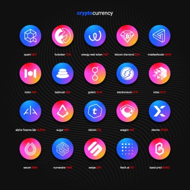 Şifreli para sikkeleri dijital ödeme sistemi engelleme konsepti. Kripto para birimi logosu koleksiyonu beyaz arka planda izole edildi. Vektör illüstrasyonu