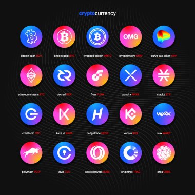 Şifreli para sikkeleri dijital ödeme sistemi engelleme konsepti. Kripto para birimi logosu koleksiyonu beyaz arka planda izole edildi. Vektör illüstrasyonu