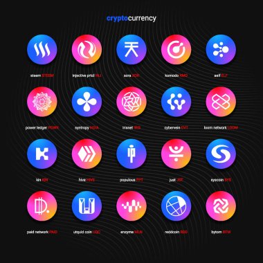 Şifreli para sikkeleri dijital ödeme sistemi engelleme konsepti. Kripto para birimi logosu koleksiyonu beyaz arka planda izole edildi. Vektör illüstrasyonu