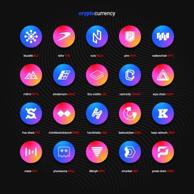 Şifreli para sikkeleri dijital ödeme sistemi engelleme konsepti. Kripto para birimi logosu koleksiyonu beyaz arka planda izole edildi. Vektör illüstrasyonu
