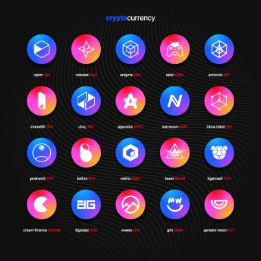 Şifreli para sikkeleri dijital ödeme sistemi engelleme konsepti. Kripto para birimi logosu koleksiyonu beyaz arka planda izole edildi. Vektör illüstrasyonu