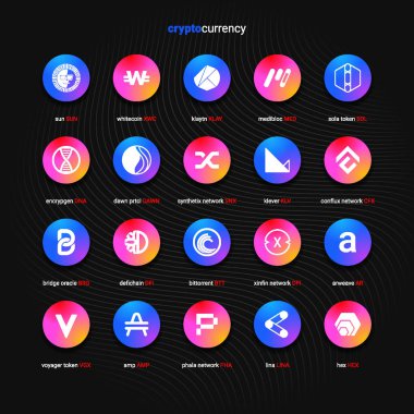 Şifreli para sikkeleri dijital ödeme sistemi engelleme konsepti. Kripto para birimi logosu koleksiyonu beyaz arka planda izole edildi. Vektör illüstrasyonu