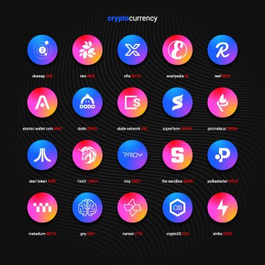 Şifreli para sikkeleri dijital ödeme sistemi engelleme konsepti. Kripto para birimi logosu koleksiyonu beyaz arka planda izole edildi. Vektör illüstrasyonu