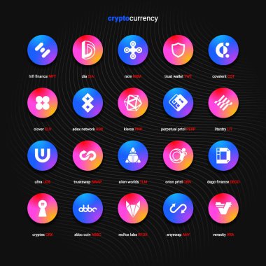 Şifreli para sikkeleri dijital ödeme sistemi engelleme konsepti. Kripto para birimi logosu koleksiyonu beyaz arka planda izole edildi. Vektör illüstrasyonu