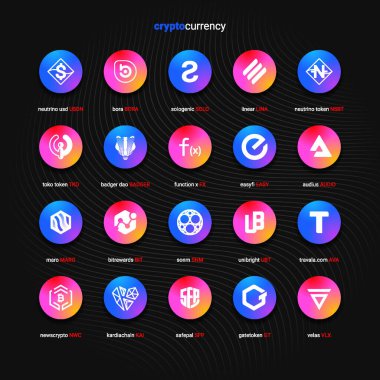 Şifreli para sikkeleri dijital ödeme sistemi engelleme konsepti. Kripto para birimi logosu koleksiyonu beyaz arka planda izole edildi. Vektör illüstrasyonu