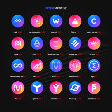 Şifreli para sikkeleri dijital ödeme sistemi engelleme konsepti. Kripto para birimi logosu koleksiyonu beyaz arka planda izole edildi. Vektör illüstrasyonu