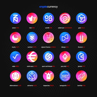 Şifreli para sikkeleri dijital ödeme sistemi engelleme konsepti. Kripto para birimi logosu koleksiyonu beyaz arka planda izole edildi. Vektör illüstrasyonu