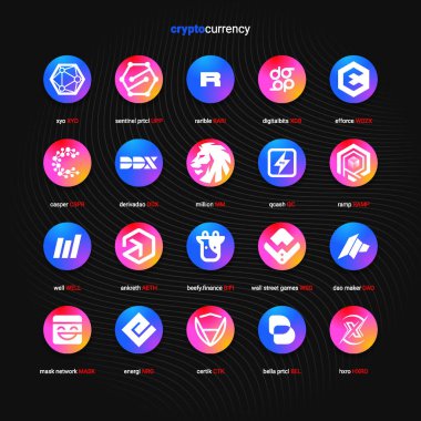 Şifreli para sikkeleri dijital ödeme sistemi engelleme konsepti. Kripto para birimi logosu koleksiyonu beyaz arka planda izole edildi. Vektör illüstrasyonu