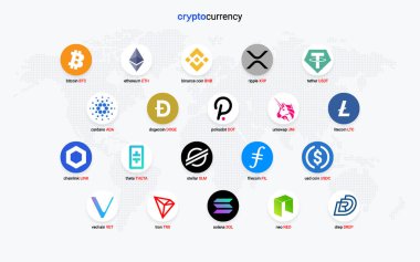 Şifreli para sikkeleri dijital ödeme sistemi engelleme konsepti. Kripto para birimi logosu koleksiyonu beyaz arka planda izole edildi. Vektör illüstrasyonu