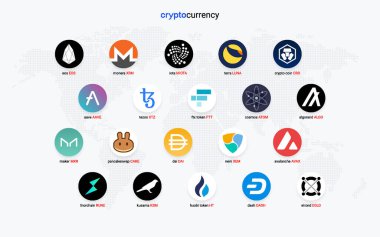 Şifreli para sikkeleri dijital ödeme sistemi engelleme konsepti. Kripto para birimi logosu koleksiyonu beyaz arka planda izole edildi. Vektör illüstrasyonu