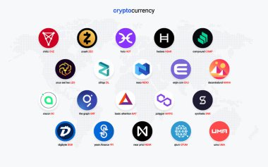 Şifreli para sikkeleri dijital ödeme sistemi engelleme konsepti. Kripto para birimi logosu koleksiyonu beyaz arka planda izole edildi. Vektör illüstrasyonu