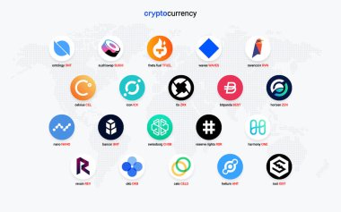 Şifreli para sikkeleri dijital ödeme sistemi engelleme konsepti. Kripto para birimi logosu koleksiyonu beyaz arka planda izole edildi. Vektör illüstrasyonu