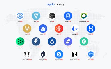 Şifreli para sikkeleri dijital ödeme sistemi engelleme konsepti. Kripto para birimi logosu koleksiyonu beyaz arka planda izole edildi. Vektör illüstrasyonu