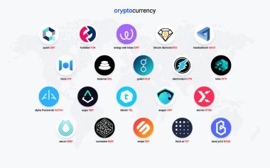 Şifreli para sikkeleri dijital ödeme sistemi engelleme konsepti. Kripto para birimi logosu koleksiyonu beyaz arka planda izole edildi. Vektör illüstrasyonu