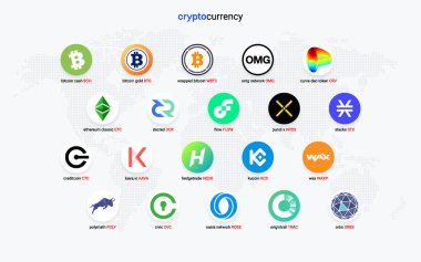 Şifreli para sikkeleri dijital ödeme sistemi engelleme konsepti. Kripto para birimi logosu koleksiyonu beyaz arka planda izole edildi. Vektör illüstrasyonu