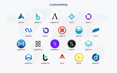 Şifreli para sikkeleri dijital ödeme sistemi engelleme konsepti. Kripto para birimi logosu koleksiyonu beyaz arka planda izole edildi. Vektör illüstrasyonu