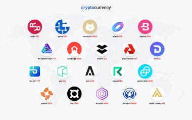 Şifreli para sikkeleri dijital ödeme sistemi engelleme konsepti. Kripto para birimi logosu koleksiyonu beyaz arka planda izole edildi. Vektör illüstrasyonu