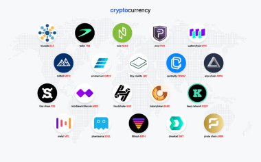 Şifreli para sikkeleri dijital ödeme sistemi engelleme konsepti. Kripto para birimi logosu koleksiyonu beyaz arka planda izole edildi. Vektör illüstrasyonu