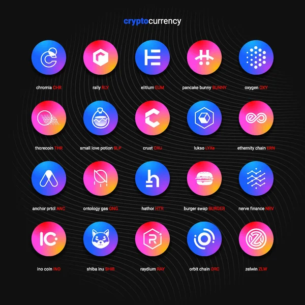 Şifreli para sikkeleri dijital ödeme sistemi engelleme konsepti. Kripto para birimi logosu koleksiyonu beyaz arka planda izole edildi. Vektör illüstrasyonu