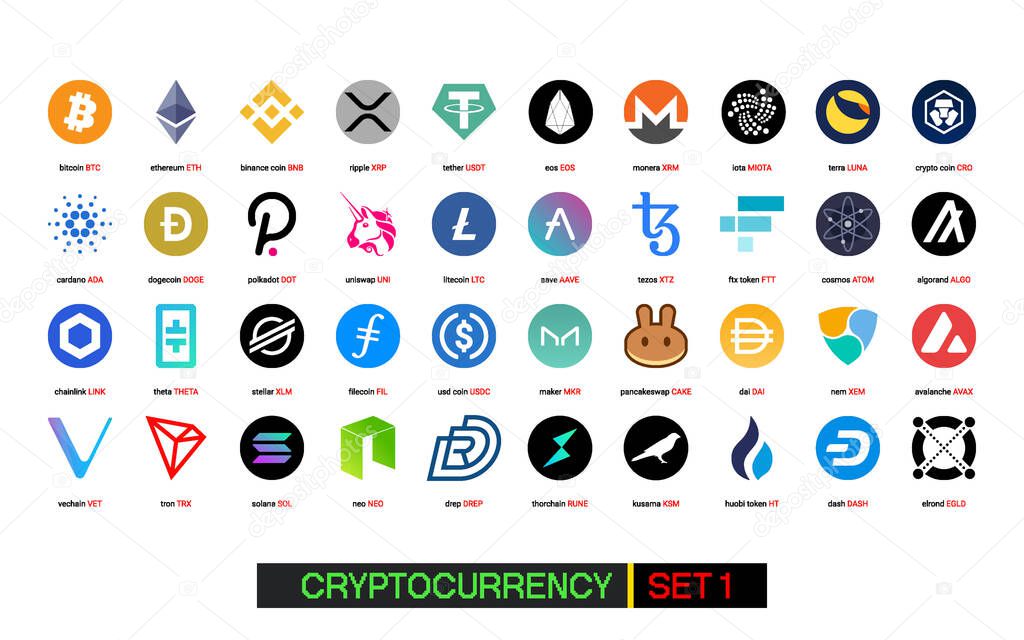 Crypto currency coins digital payment system blockchain concept. Cryptocurrency logo set collection isolated on white background. Vector illustration