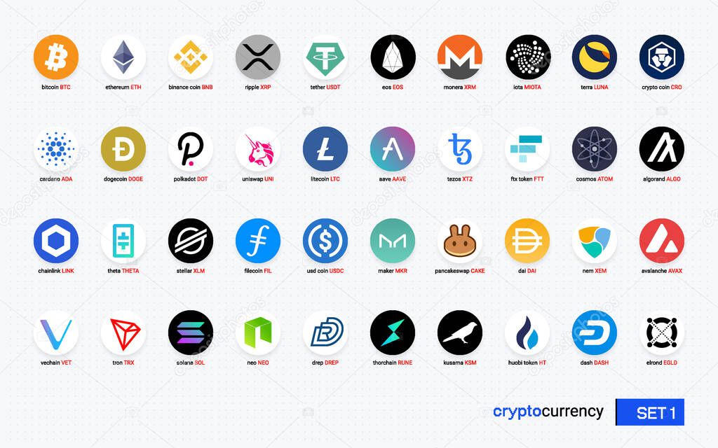 Crypto currency coins digital payment system blockchain concept. Cryptocurrency logo set collection isolated on white background. Vector illustration