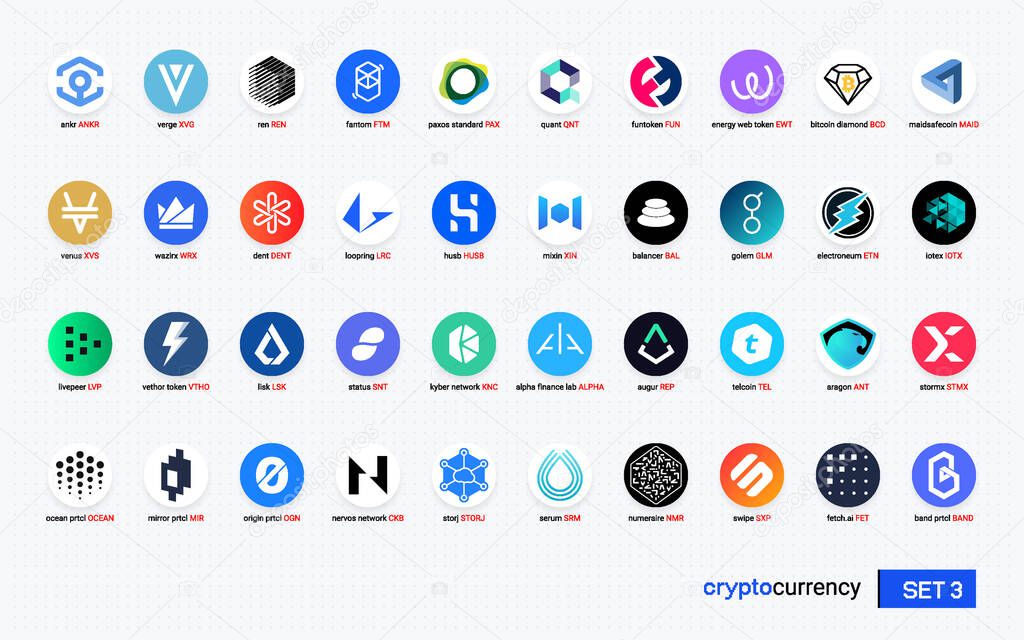 Crypto currency coins digital payment system blockchain concept. Cryptocurrency logo set collection isolated on white background. Vector illustration
